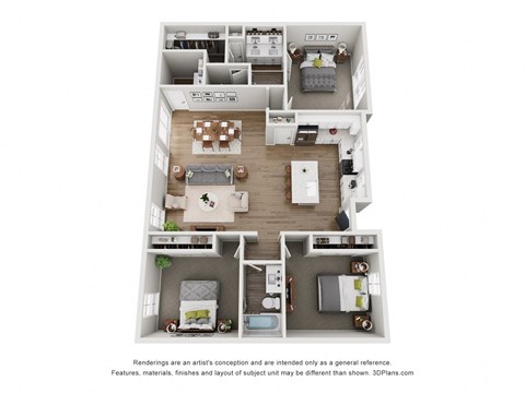 a stylized floor plan of a 1 bedroom apartment with a bathroom and a balcony